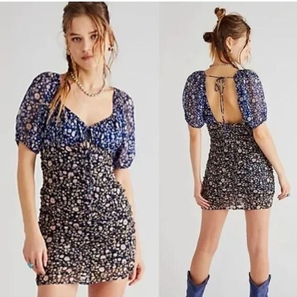 Free People Tessa Mini Dress Ruched Black Navy Blue Floral size small - Picture 1 of 10